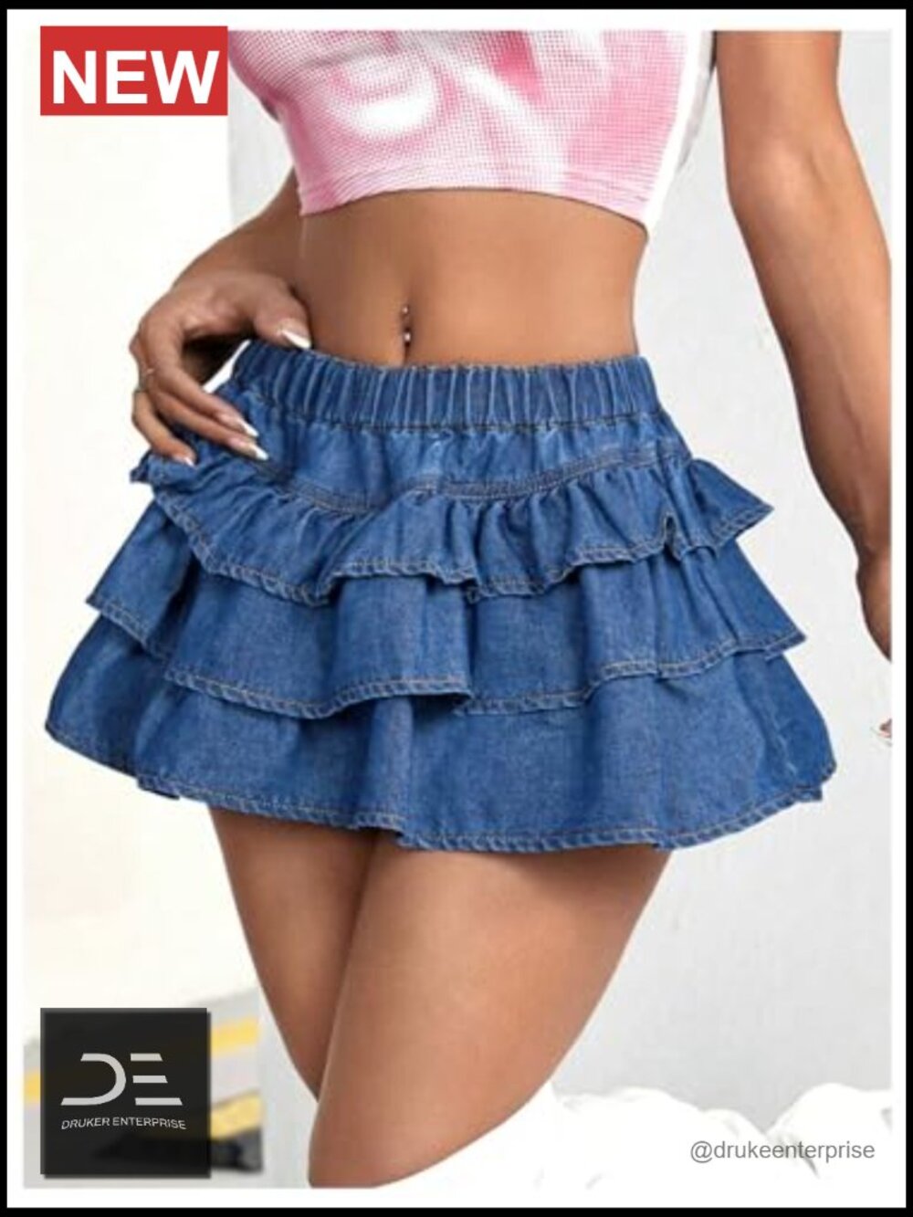 Y2K Solid Ruffle Denim Skirt Low Waist A Line Tiered Mini Skirt - Picture 4 of 6